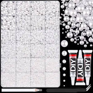 24 Grids Multi Size White Half Pearl Nail Art Kit with 3Pcs DIY Glue, Tweezers & Pick Up Pen, Imitation Flatback Pearl Beads for Nail Manicure, Shoes, Wedding Decor & DIY Handcraft Projects，Nail Art Rhinestones 、 Flatback Crystals, Nail Decoration