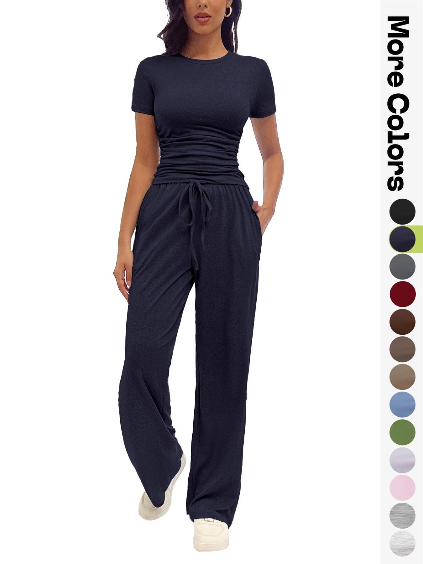 Women's Solid Round Neck Tee & Pants Loungewear Two/Six-Piece Set, Casual Pyjama Set for Women, Comfy Loungewear Set for Daily Home Wear