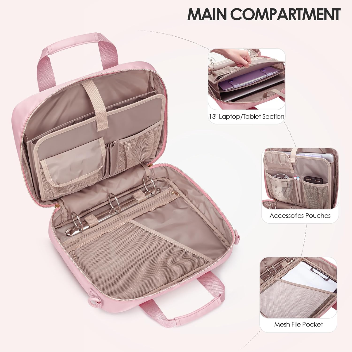 3 Ring Zipper Binder, 2 Inch Ring Binder Organizer Bag with  Strap Fits 13 Inch Laptop and 500 Sheets, Pink (Empty Bag Only)
