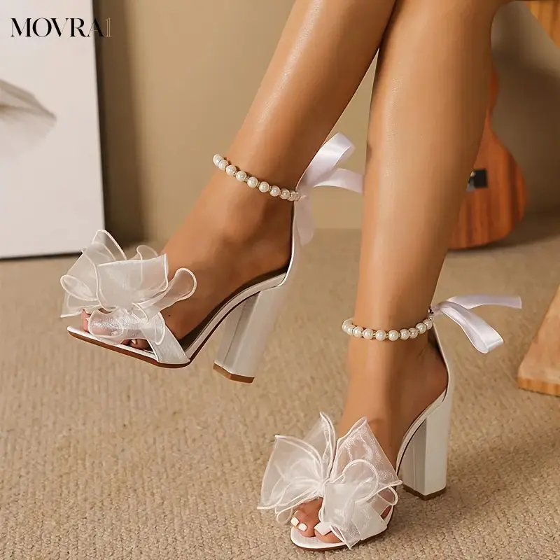 MOVRA1 Elegant White Ribbon Bow Strap Heel Sandals with Pearl Ankle Strap - Open Toe, Block Heel, Upper, Perfect Weddings and Parties, Elegant Footwear |   Ribbon Bow Detail |   Upper, Heel Sandals Women Girl