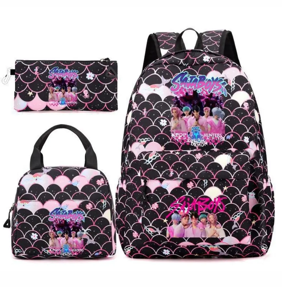 3Pcs Pink Mermaid Scale KPOP Boy Group Print Backpack Set for Teen Boys Men,Black Base Large Capacity Lightweight Student School Backpack,Waterproof Multi-Pocket Casual Daypack with Insulated Lunch Bag & Matching Pencil Pouch for Campus Travel #EW4