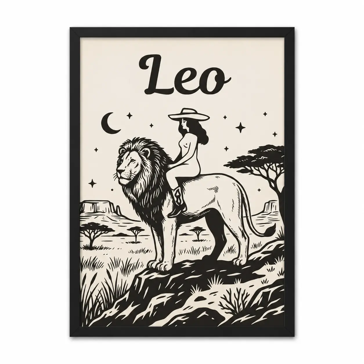 Artistic Leo Zodiac Framed Wood Canvas Wall Art Print - Waterproof Animal Motif Cowgirl Riding Lion Astrology Art, Multi-Size 1-Piece Home Decor for Bedroom, Living Room, One-Piece