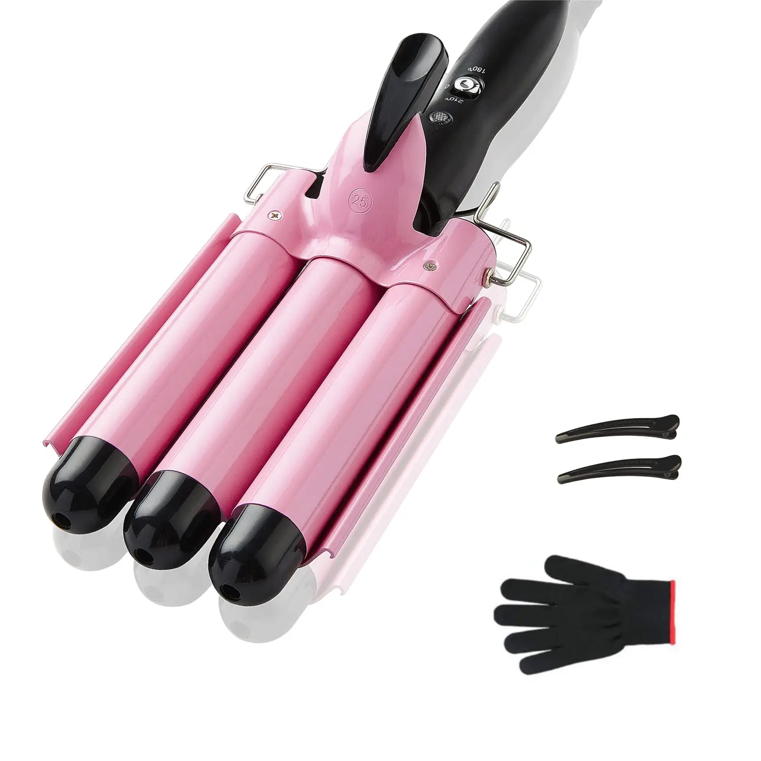 3 Barrel Curling Iron, 1 inch Crimper Hair Tool,Crimping Waver for Women Beach Waves with Two Temperature Settings, Pink