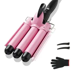 3 Barrel Curling Iron, 1 inch Crimper Hair Tool,Crimping Waver for Women Beach Waves with Two Temperature Settings, Pink