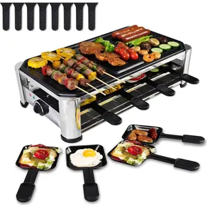 Portable Electric Indoor Raclette Cheese Table Grill 1400 W Korean BBQ Griddle Raclette Party Grill with Iron Nonstick Extra Large Cooking Plate for Home Party, Stainless Steel