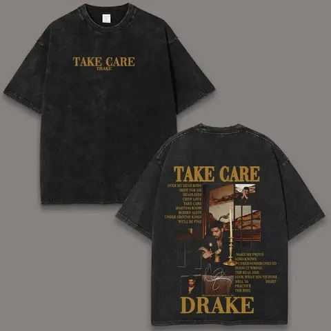 Men'S Pure Cotton T-Shirts, Drake Take Care Acid-Washed T-Shirts And Vests, Y2K Retro Rap Music Graphic T-Shirts, Loose Fit, Unisex Soft Pure Cotton Streetwear, Unique Fan Gifts, Suitable For Both Men And Women, Birthday Gifts.