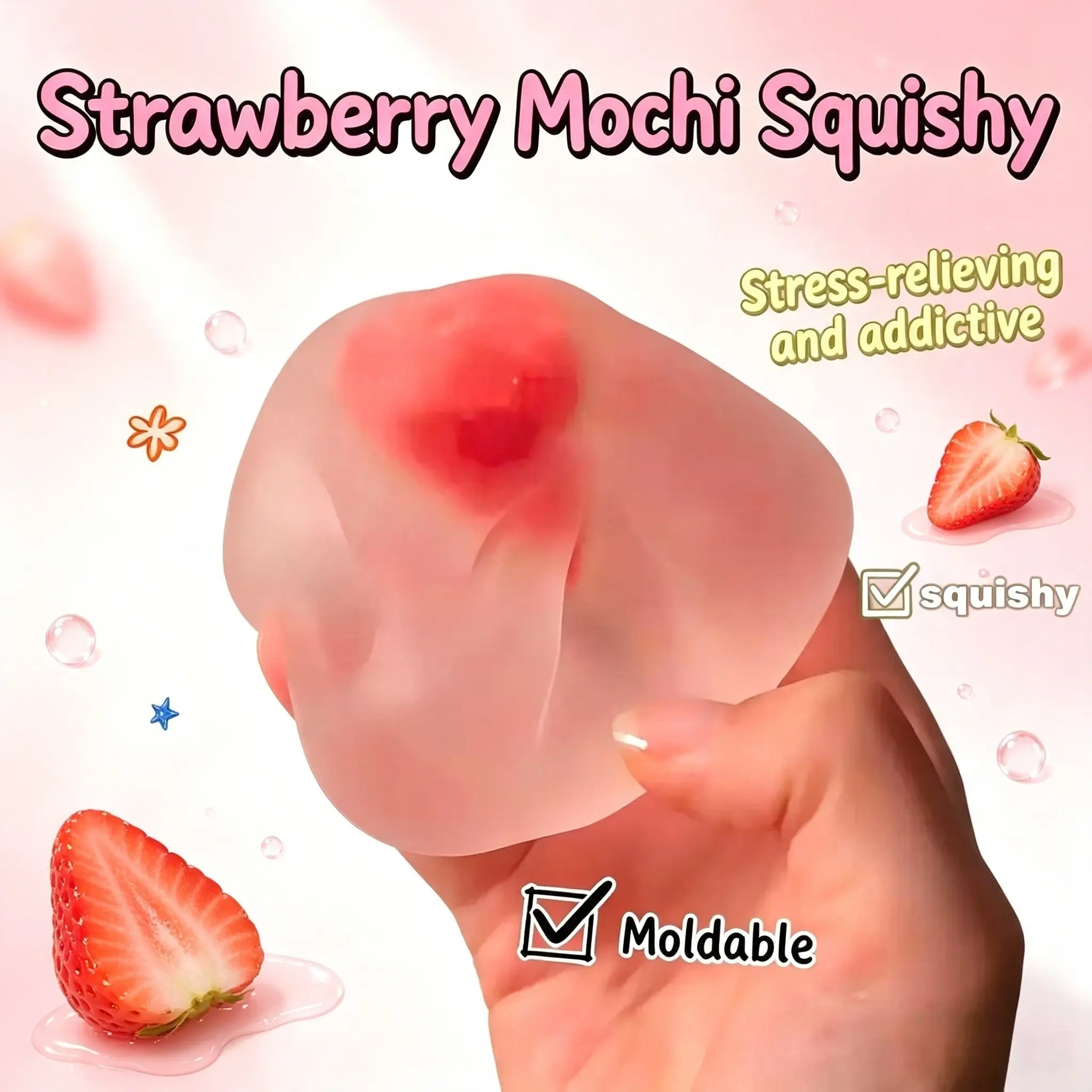 Jell-O Strawberry Squeeze Toy, Soft Rubber Stress Relief Squishy, Moldable Asmr Experience, Graduation Gift, Summer Birthday Present