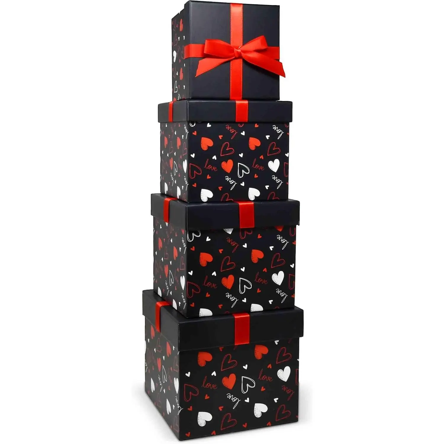 4 Pack Valentine Nesting Boxes with Bow  Black Red Hearts Stacking Square Box s Presents Wrapping Birthday Wedding Party Decor