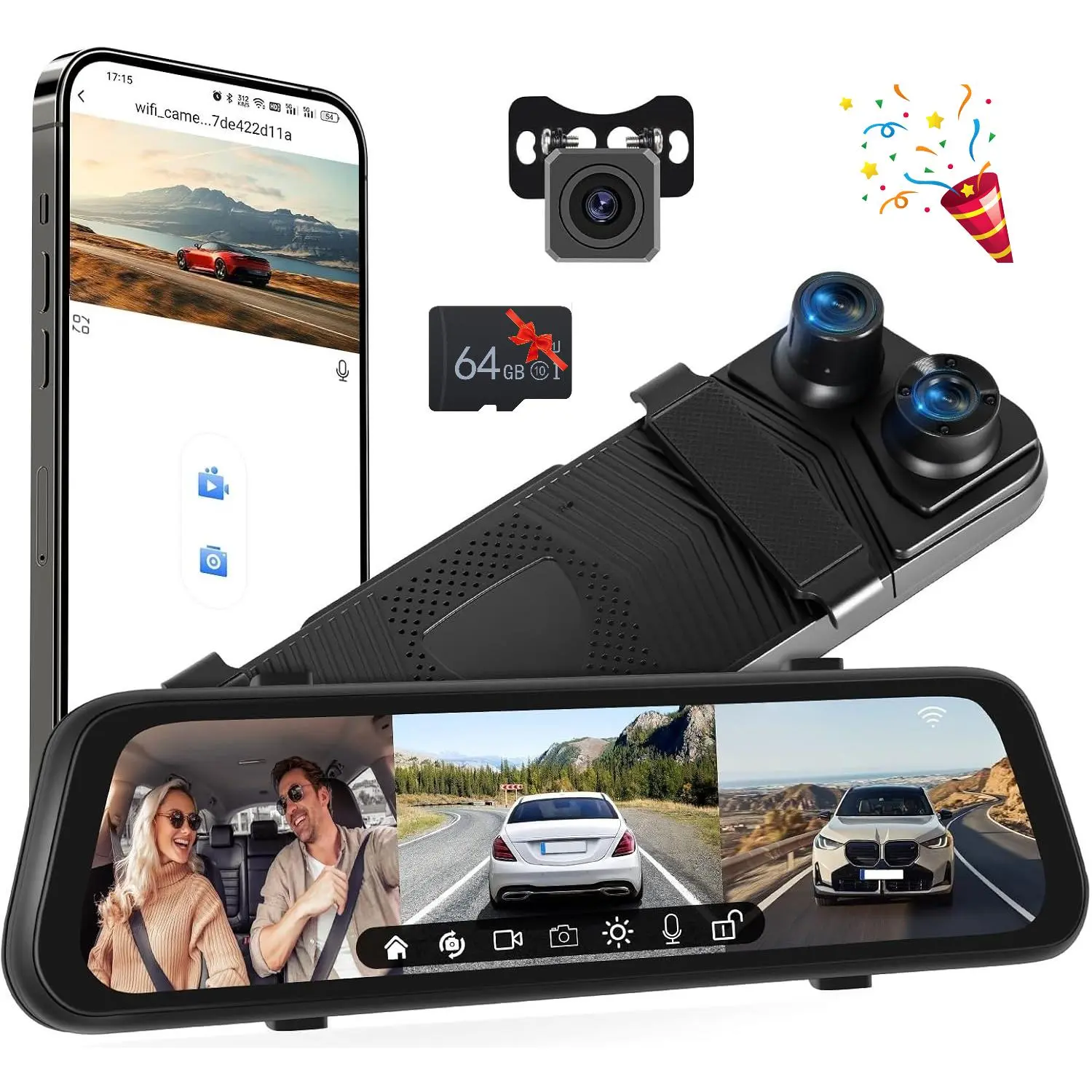 Rimoody 3 Channel Mirror Dash Cam Front and Rear Inside, Built-in WiFi, 1080P Rear View Mirror Camera with 9.66" IPS Full Touch Screen, G-Sensor, Reverse Assist, Backup Camera for Car