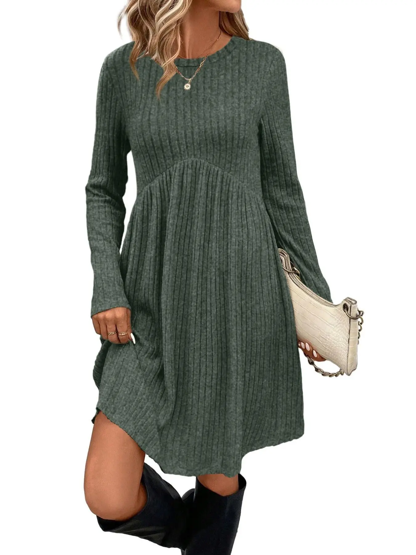 Women’s Ribbed Knit Sweater Dress, Long Sleeve Crew Neck a Line Mini Dress, Casual Fall Winter Pullover Dress, Comfortable and Stylish