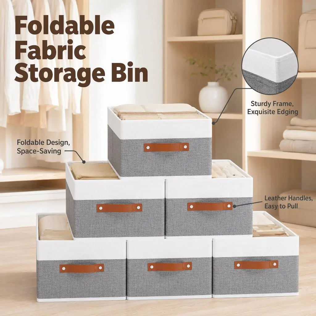 2 Pack 4 Pack 6 Pack Optional Collapsible Fabric Storage Bins With Reinforced Leather Handles, Foldable Clothes Organizer Boxes For Closet Drawer Bedroom Home Organization