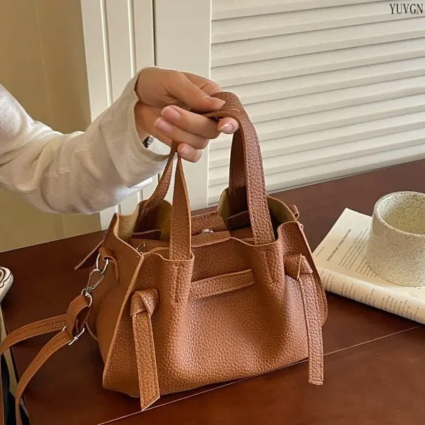 Casual Drawstring-Top Side Knot Mini Bucket Bag - Dual Short Handles, Removable Strap, Crossbody Carry Everyday Purse, Sports & Outdoor Gym Accessory for Dating, Shopping tiktokshopbacktoschool