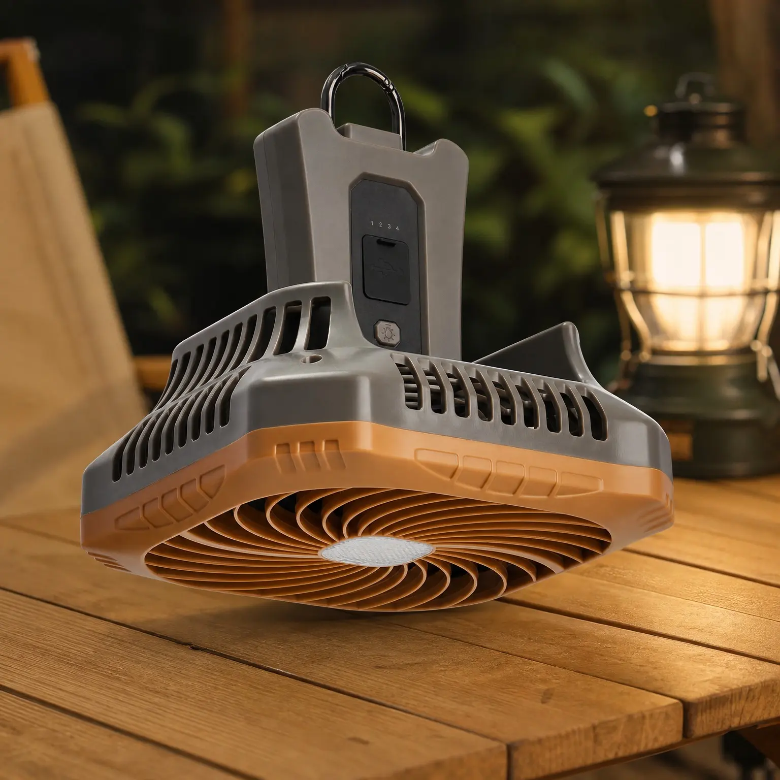 Portable Rechargeable Camping Fan with LED Lantern, 40H Battery, Quiet Tent Fan with Hanging Hook for RV Car Beach Outdoor Hurricane Emergency Outages, 4-Speed Wind & 3-Color Light, Brown
