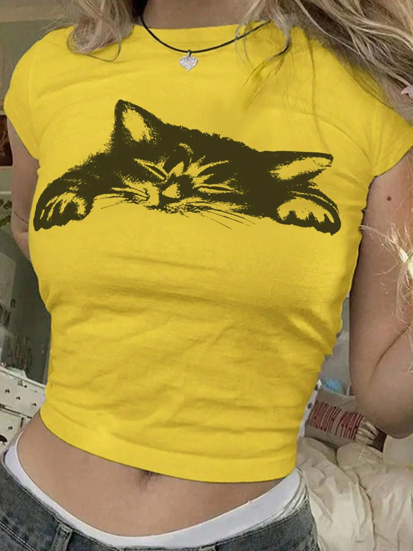 Women's Cat Print Round Neck Tee, Casual Slim-fitting Short Sleeve T-shirt for Daily Wear, Ladies Clothes for All Seasons, Casual Breathable Top, Casual Comfy Top, Casual Fitted Streetwear