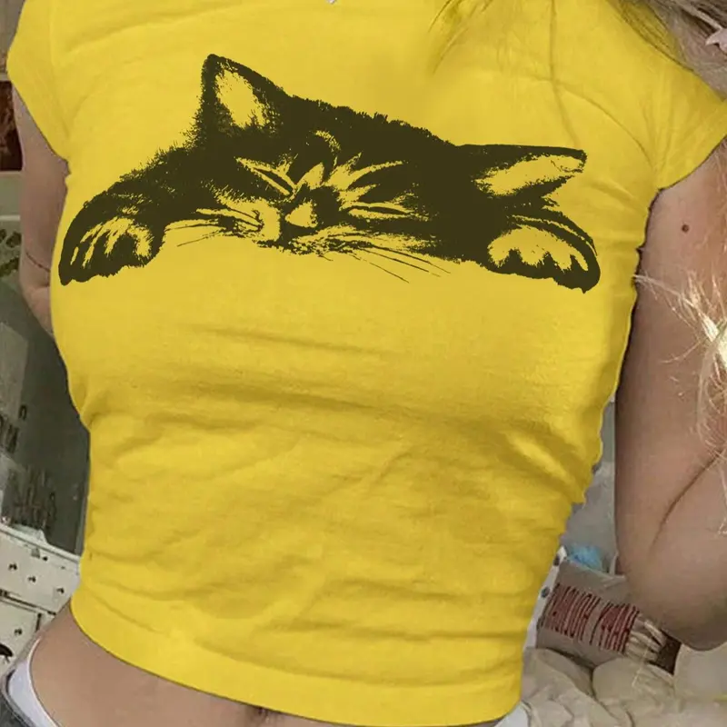 Women's Cat Print Round Neck Tee, Casual Slim-fitting Short Sleeve T-shirt for Daily Wear, Ladies Clothes Top for All Seasons