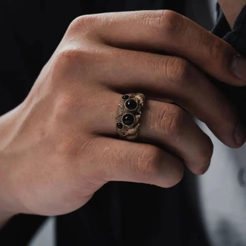 Black Agate Jumping Spider Ring Personalized Electroplated Copper Animal Open Rings Adjustable Opening Fashion Statement Ring