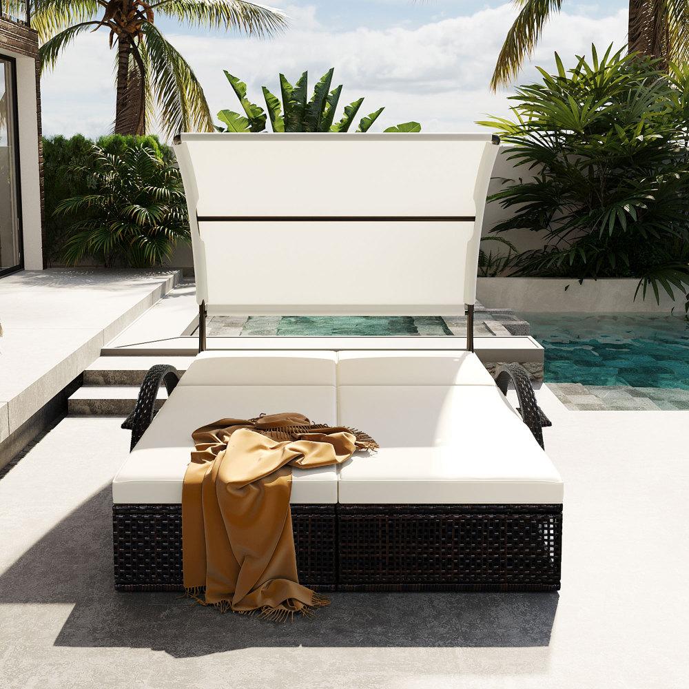 Outdoor steel-frame sun loungers with adjustable backrests; double patio sunbeds featuring hidden side tables and curved armrests; ideal for patios, pool decks, gardens, backyards, and other outdoor spaces