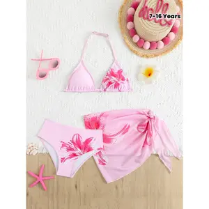 Cute Tween Floral Triangle Bikini Swimsuit Set with Sarong (Print Style Random) Young Girls Sets Swim Suits for Women Bathing Suit Set Bathing Suits for Teens Top Summer Holiday