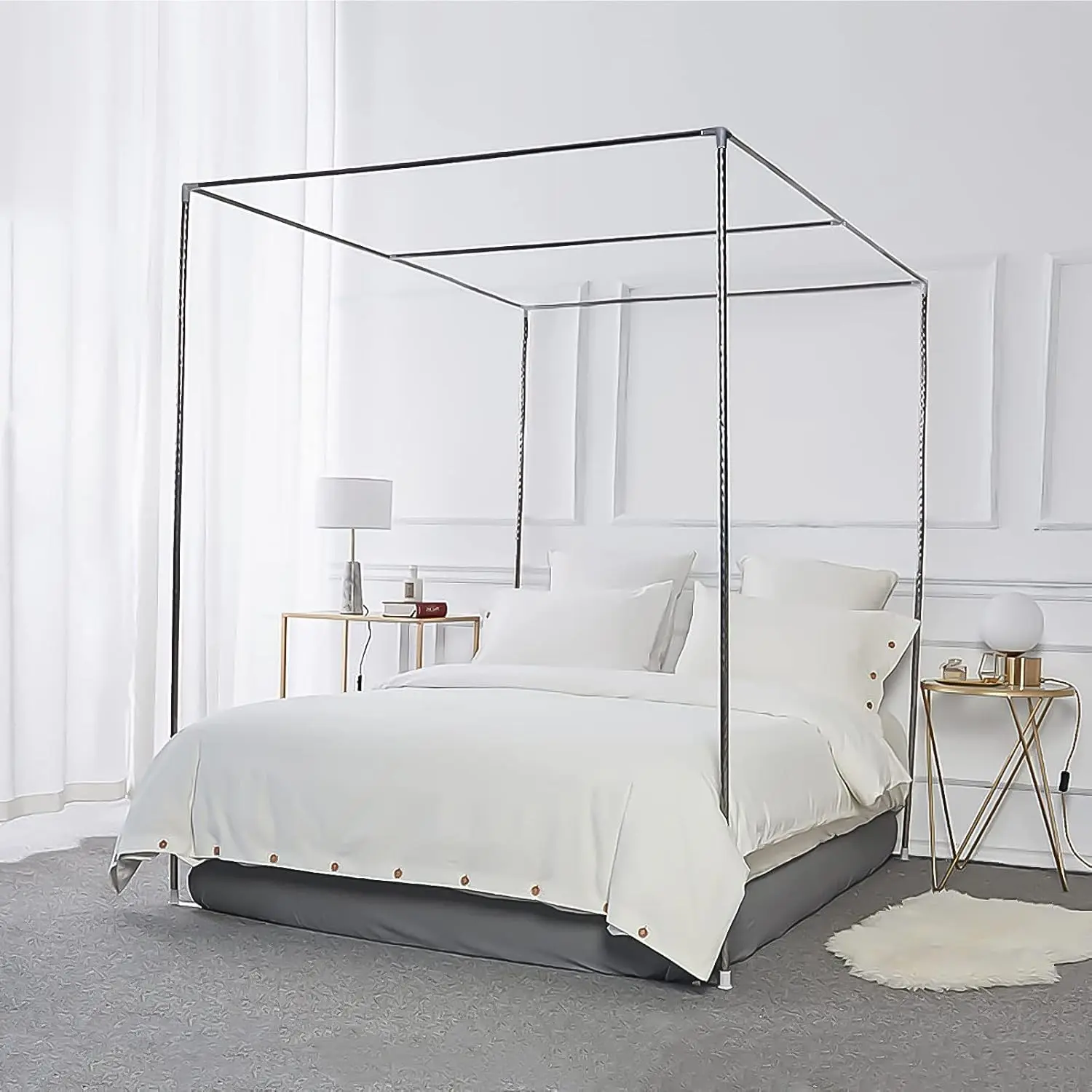 Foreate Canopy Bed Frame Stainless Steel Queen Size Bed Canopy Frame & Bed Poles, Fit for Four-Corner Bed and Mosquito Curtains, Queen (Silver)