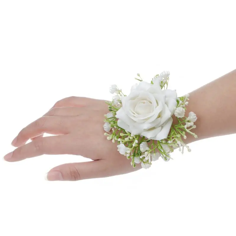Rose Wrist Corsage with Stretch Pearl Bracelet for Bridesmaid Flower Wrist Wristband for Girls Wedding Corsage Hand Flower for Wedding Prom Decorations