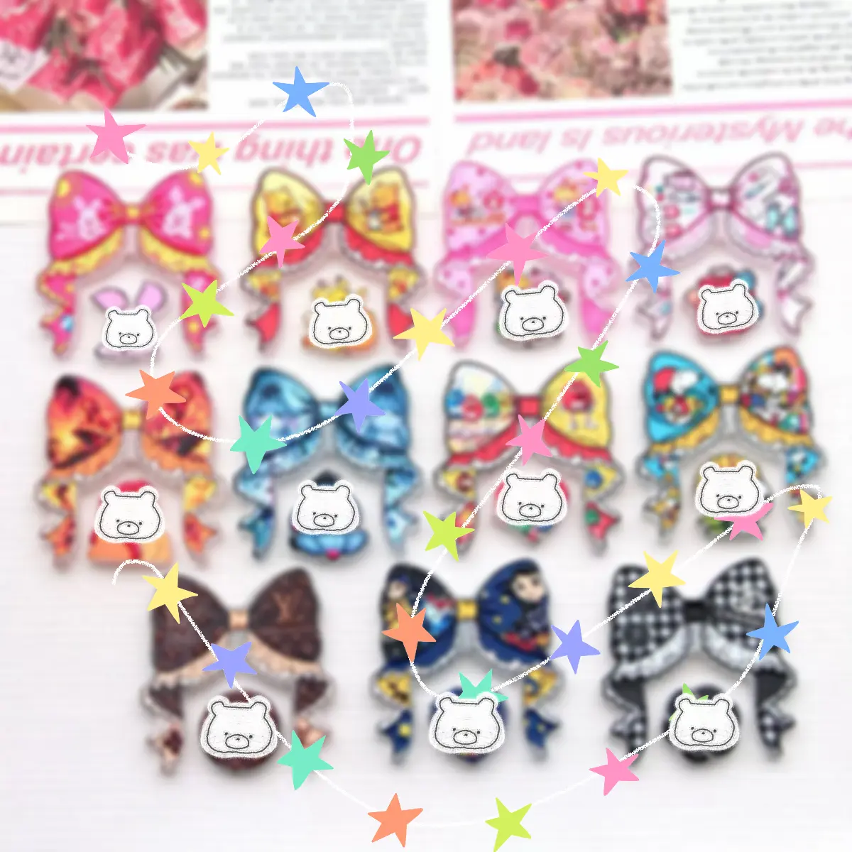 Tara--P49-Mixed Cartoon Embossed Printed Flat Bow Bead Set