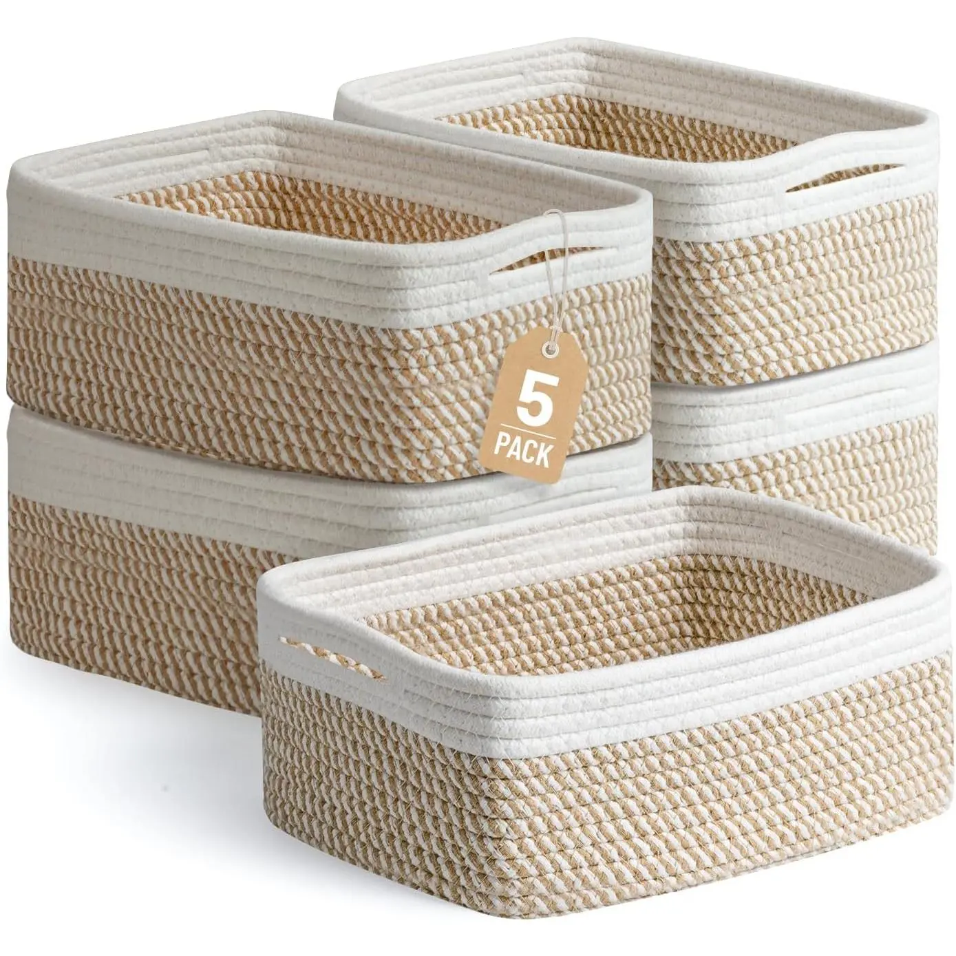5-Pack Small Woven Cotton Rope Storage Baskets - Minimalist Solid Colors, Kid-Safe Edges, Durable, Foldable, Organiser for Simple Living Small Room Organization Products, Shelves Nursery (11.8"x7.9"x4.7")