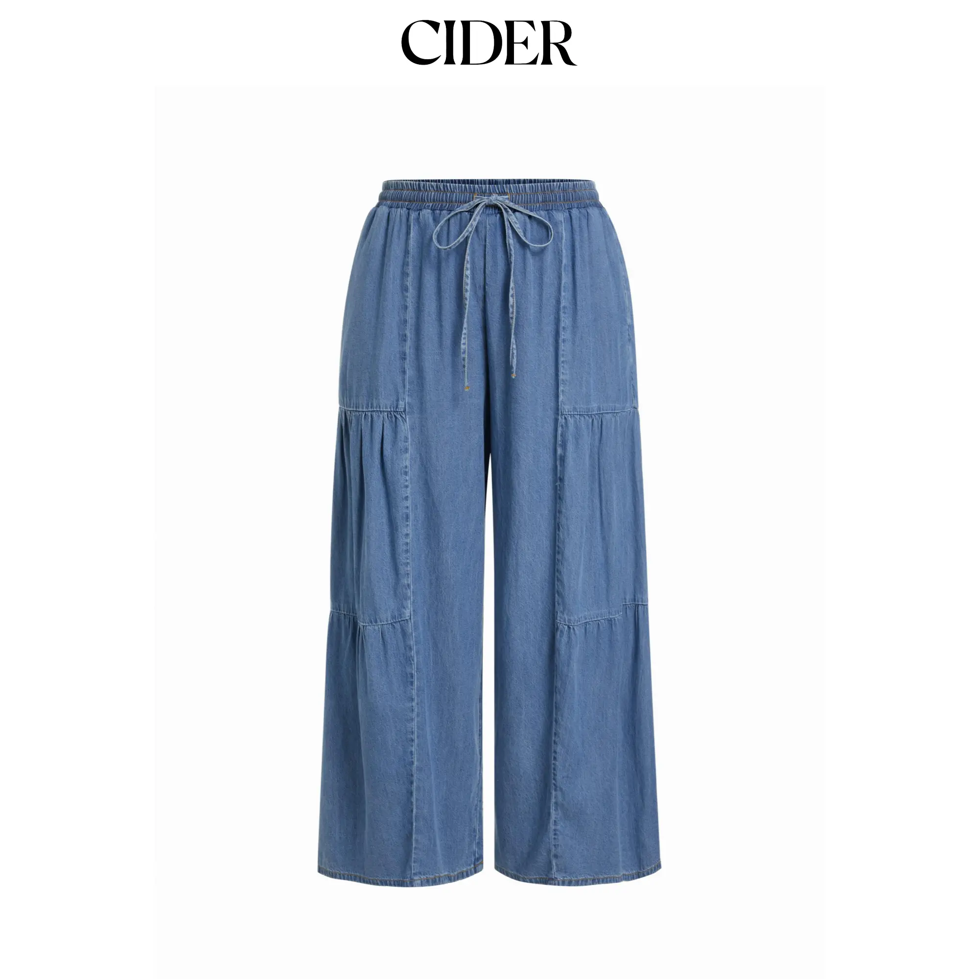 Cider Denim Mid Rise Drawstring Ruched Wide Leg Jeans