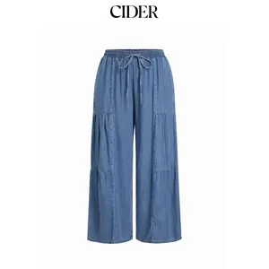 Cider Denim Mid Rise Drawstring Ruched Wide Leg Jeans Curve & Plus