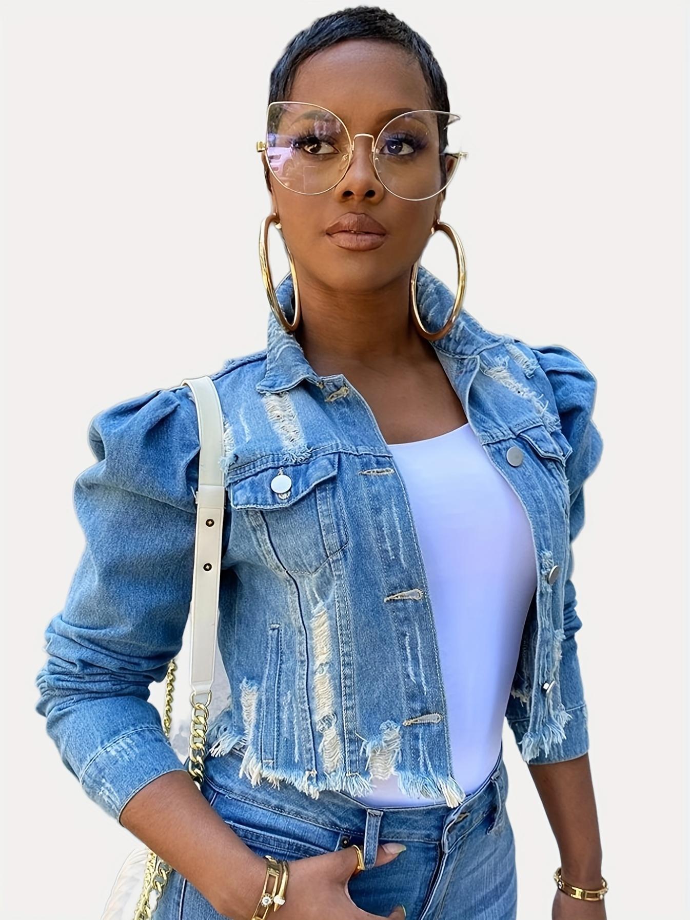 Women Ripped Long Puff Sleeve Button Down Outdoor Activities High Quality Jean Coats For Women S-XXL Women's Oversized Women's Elegant Jacket Outerwear jackets  for Casual Basic