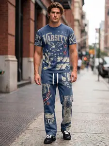 Men’s Varsity NY Eagle Print Tracksuit, Micro-Stretch Comfy Streetwear, Vintage New York City Map Tee & Pants, Casual Daily Urban Outfit