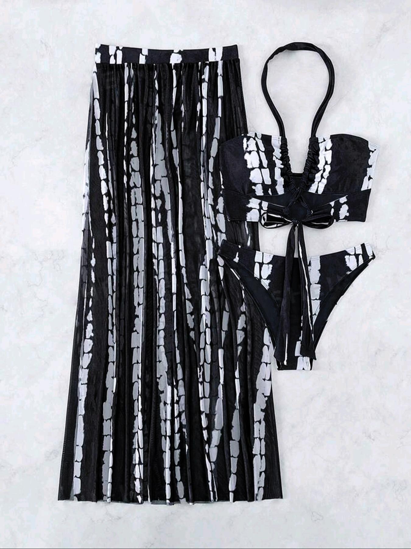 Three-piece Set Women's Tie Dye Print Criss Cross Swimsuit Set, Boho Halter Neck Bra & Split Thigh Skirt & High Cut Panty Set, Ladies Summer Swimsuit Set, Summer Beach Bikini, Beach Bikini Set, Halter Bikini Sets