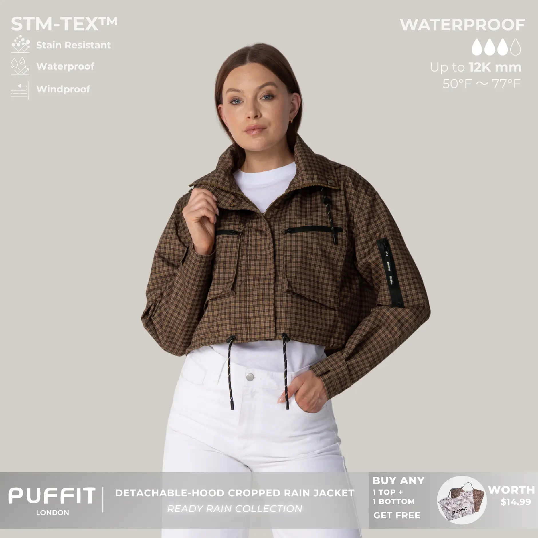 PUFFIT STM-TEX Elevated Cropped Detachable-hood Rain Jacket With Drawstring Hem,WaterProof,Stain Resistant,Windproof,Women's Rain Jacket,Breathable Stylish,Inner Pocket Design,Outdoor Sport,Windbreaker,School Running,Womenswear,,Fall,Winter,2026 Shopping