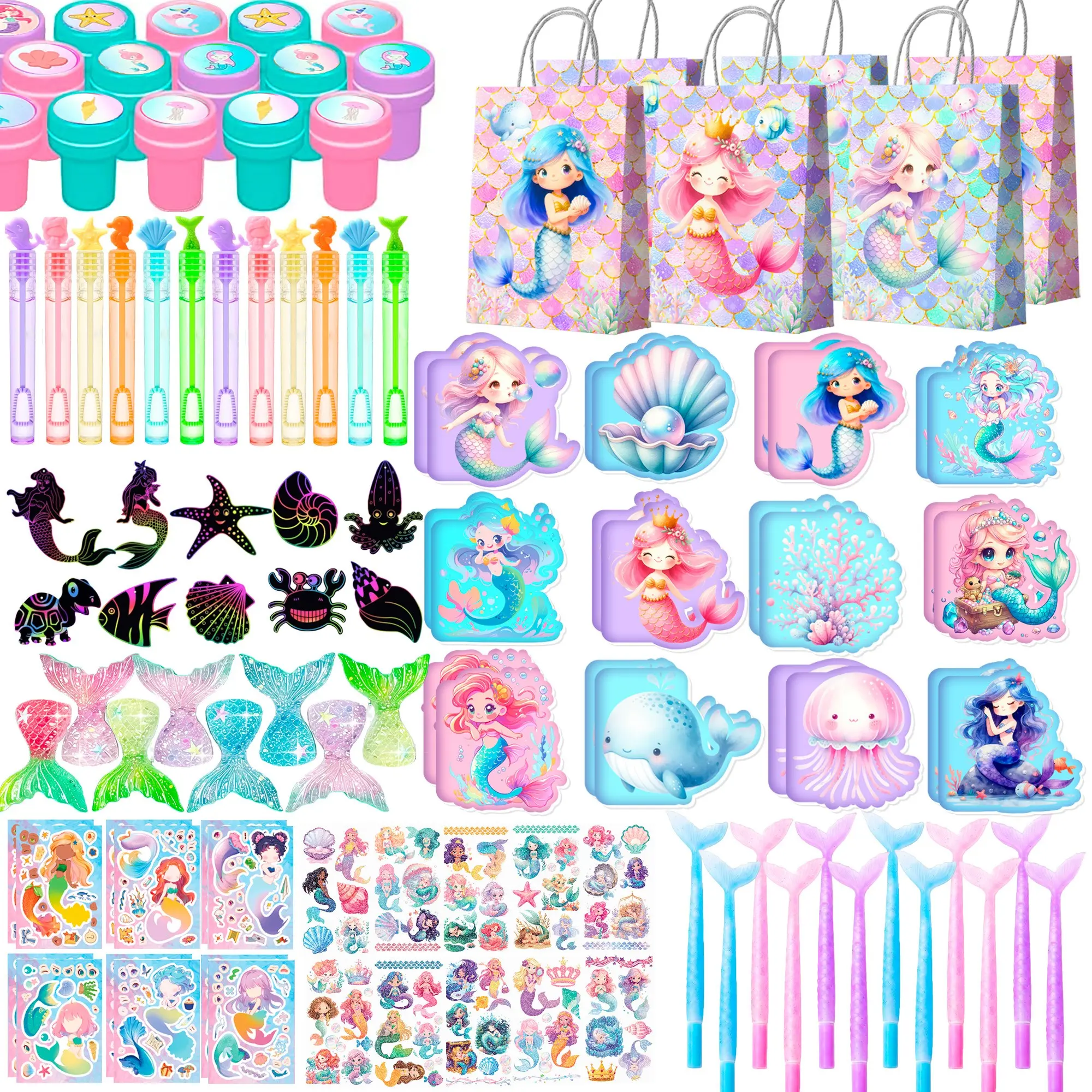 Mermaid Theme Birthday Party Gift Bag Filler, 108 Pieces Set, Includes Scratch Bubble, Mini Notebook, Temporary Tattoo Stickers, DIY Mermaid Stickers, Stampers