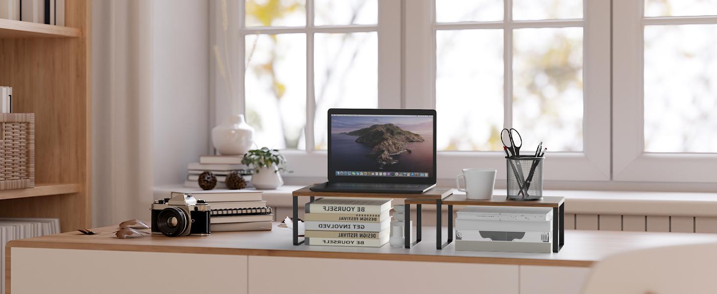 2-Pack Stackable Cabinet Shelf Organizer | Expandable Kitchen Pantry Spice Rack for Counter,Cupboard Storage | Black/Brown