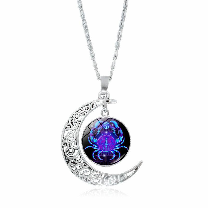 12 Constellation Necklace, Zodiac Moon Glass Gemstone Pendant, European & American Fashion Jewelry