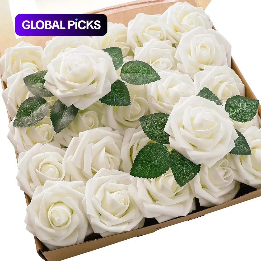25pcs/Box Artificial Roses, Real-Looking Ivory Foam Fake Roses with Stems, Decorative Faux Flower, Fake Flowers for DIY Wedding Bouquets, Bridal Shower Centerpieces & Party Table Decorations #GLOBAL PICKS