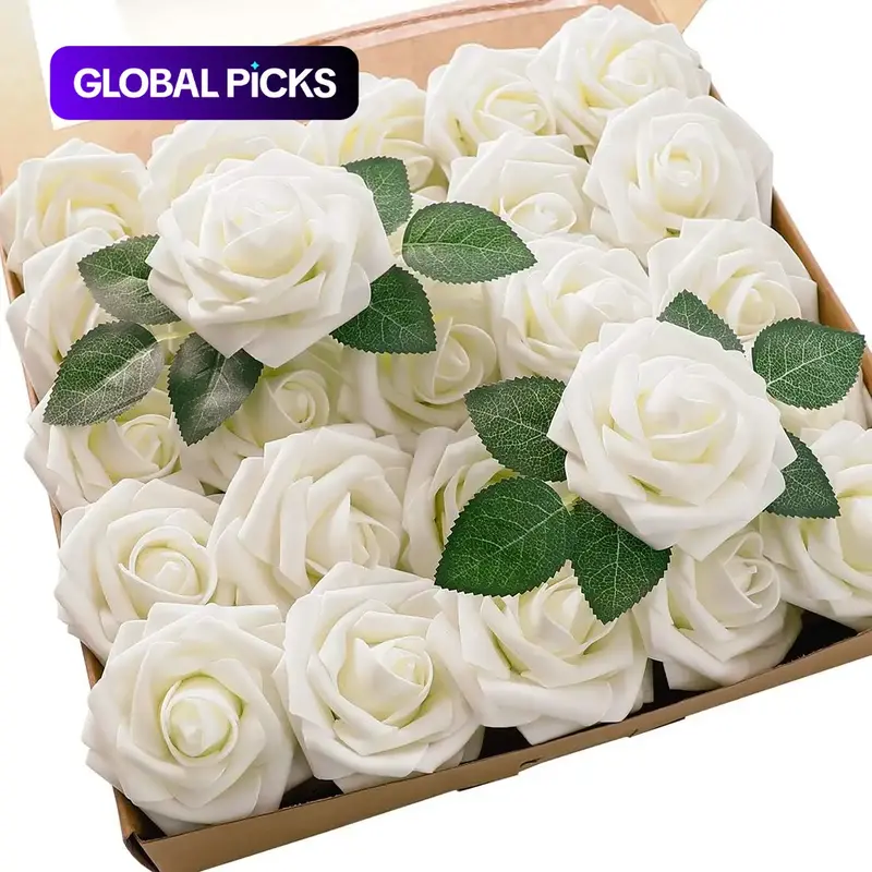25pcs/Box Artificial Roses, Real-Looking Ivory Foam Fake Roses with Stems, Decorative Fake Florals, Fake Flowers for DIY Wedding Bouquets, Bridal Shower Centerpieces & Party Table Decorations #GLOBAL PICKS
