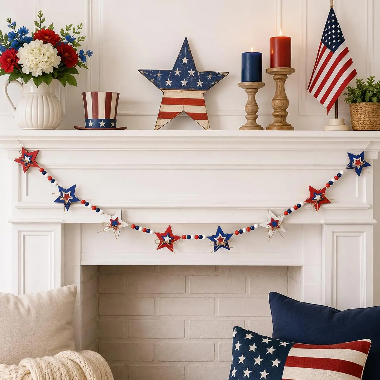 6.5ft Farmhouse Lightweight Wooden Star Garland with Wooden Beads - 4th of July Decor for Mantel, Walls, Shelf, Banner, Independence Day, Patriotic Stars, Decoration, Party Tables, Lightweight Hang, Five Pointed