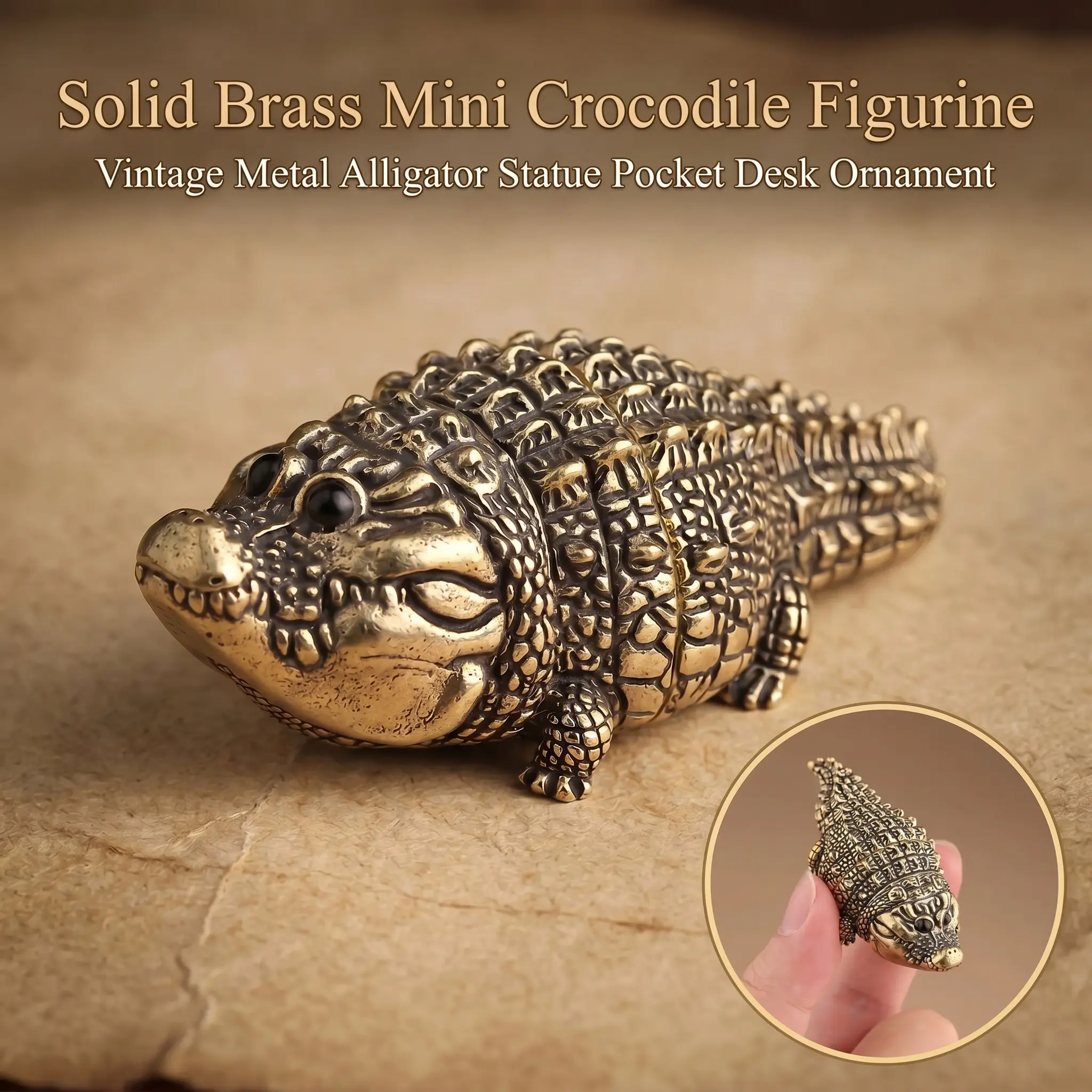 Cute Fat Copper Alligator Sculpted Statue, Decorative Resin Figurine for Desktop, Bookshelf, Living Room or Office Home Decor-YY0
