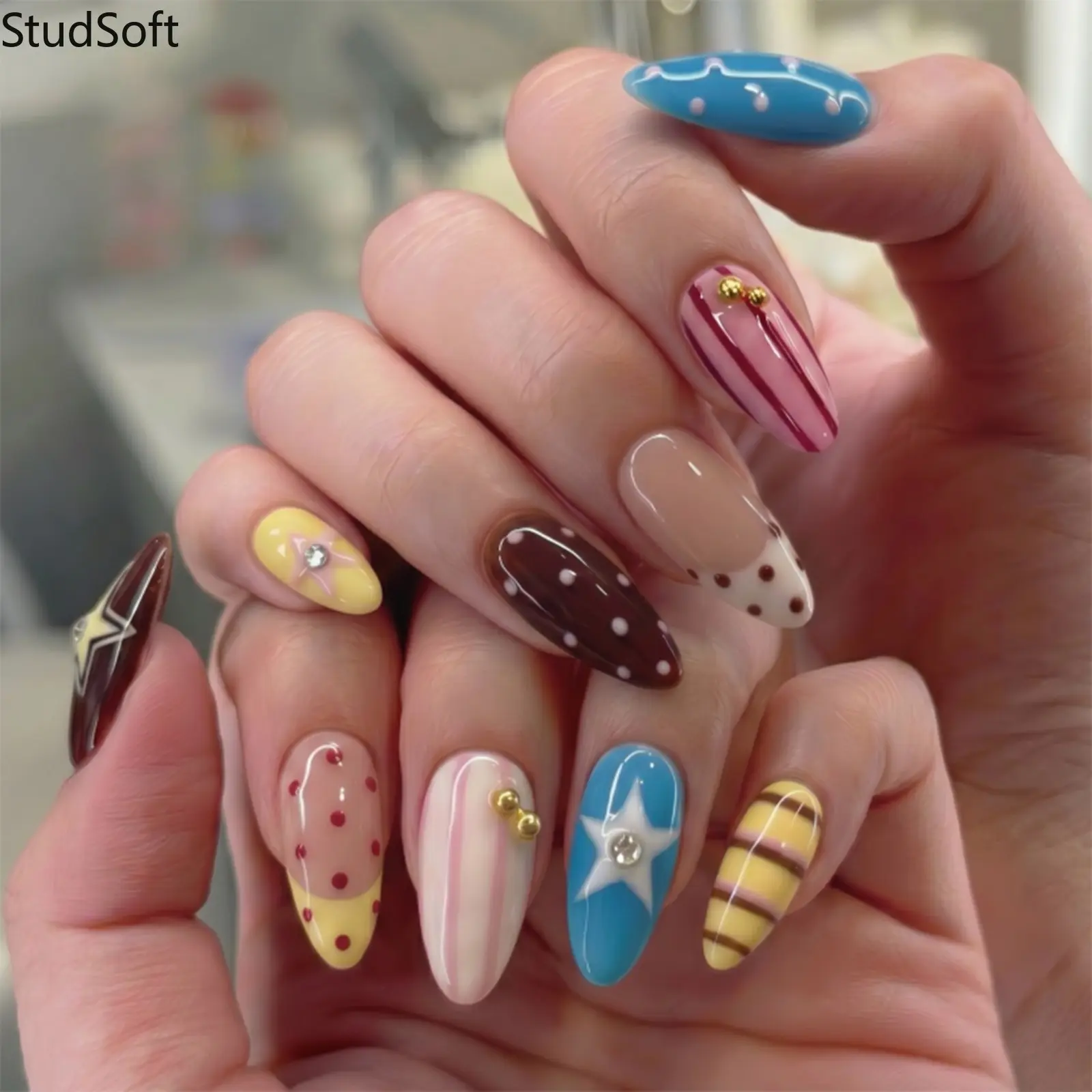 24PCS Mix Match Press on Nails Colorful Fake Nails Full Cover Medium Almond Polka Dot Star Striped Artificial False Fingernails Retro Y2K Party,back to school,back to school haul