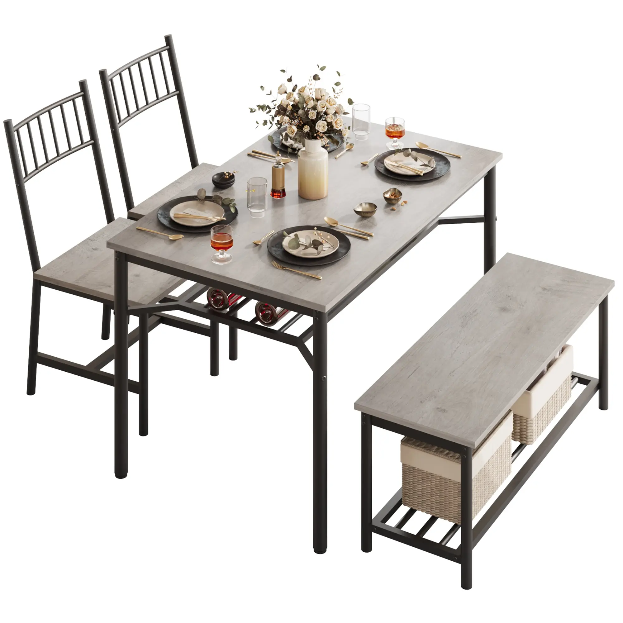 GARVEEDining Table Set for 4 with Bench and 2 Chairs, Rectangular Kitchen Table Set with Wine Rack, Dining Room Table Set for 4 with Storage Benches for Small Space, Apartment, Gray