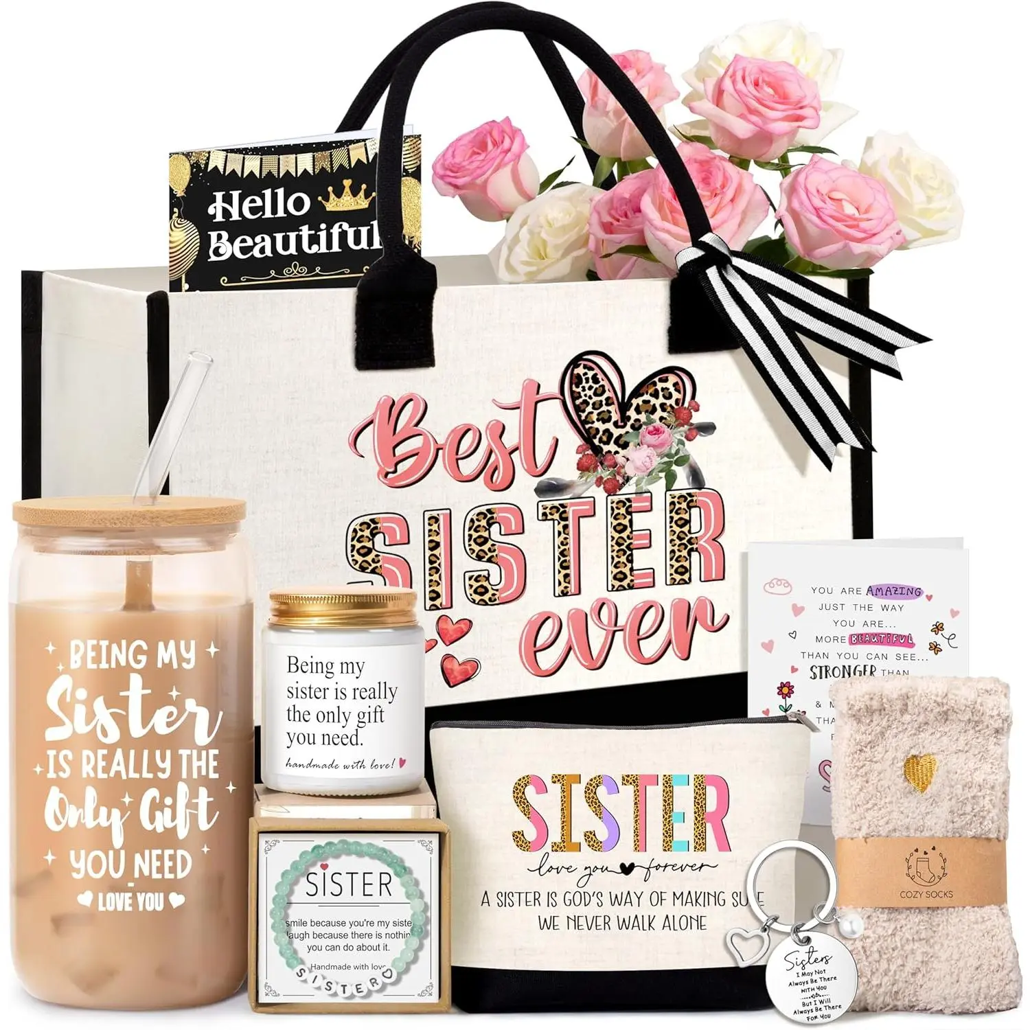 Sisters Birthday Gifts for Women, Sisters  from Sister, Funny Friendship Gifts for Women,  Christmas  Day  Basket for Mom  Bestie Soul Sister BFF with Canvas Tote Bag