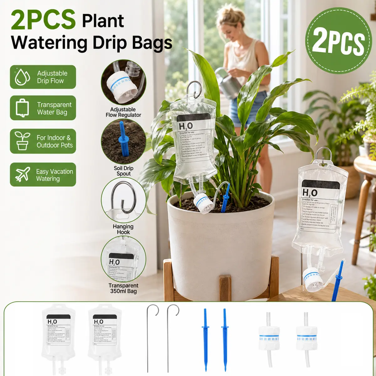 2PCS Plant IV Drip Watering System, Adjustable Self Watering Drip Irrigation Bags 350ml, Automatic Slow Release Plant Waterer for Potted Plants, Indoor Outdoor Houseplants, Hanging Baskets, Vacation Travel Home Office Garden Flower Care