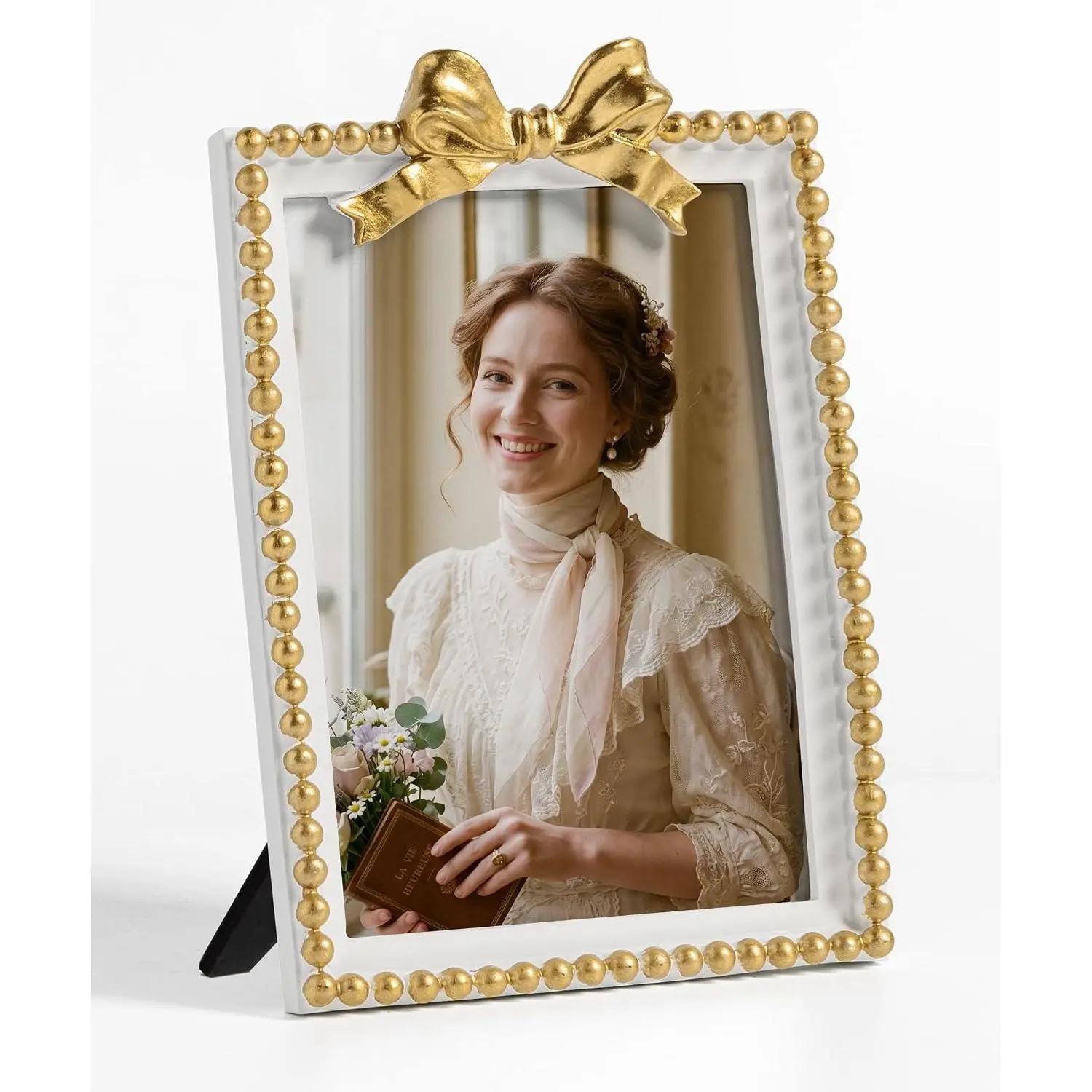 5x7 Bow Picture Frame   Photo Frame | Ornate Beaded Design,  Glass, Durable , Wall and Tabletop,  Artwork Frame,  for Mom Women Grandma Family