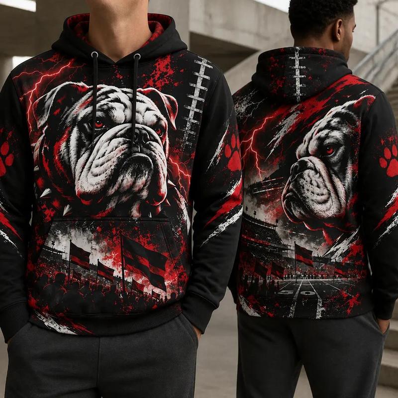 Men's Bulldog Georgia Football Graphic Hoodie - Black and Red All-Over Print, Front Back Art, Long Sleeves, Drawstring Hood, Kangaroo Pockets, Cold Wash Pullover