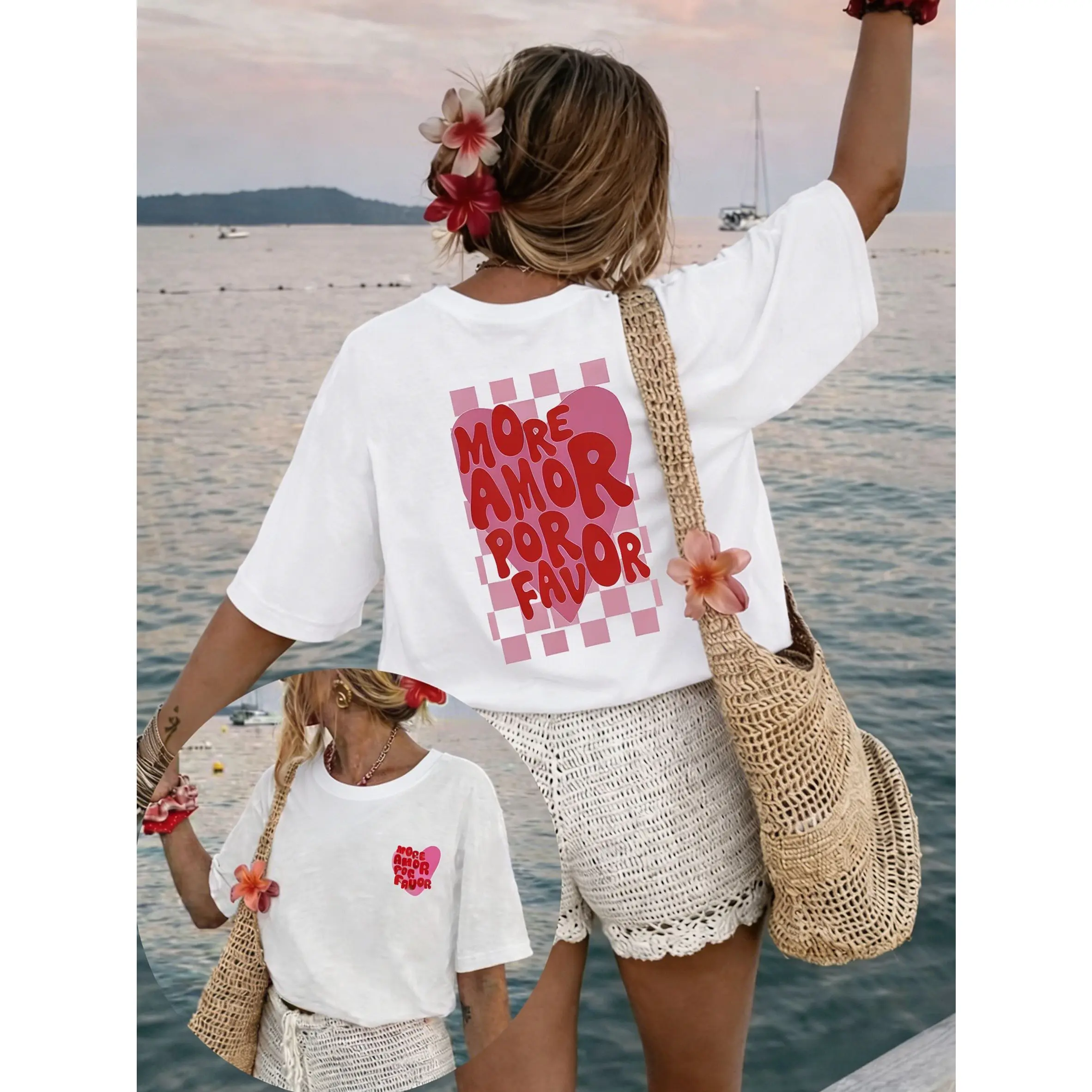 Oversized Graphic T-Shirt for Women & Men, 100% Cotton Loose Fit Crew Neck Tee with Front & Back Heart Print for Casual Summer Outdoor Wear, Oversized Graphic Tee, Foldable, Cargo Pants, Pure Cotton