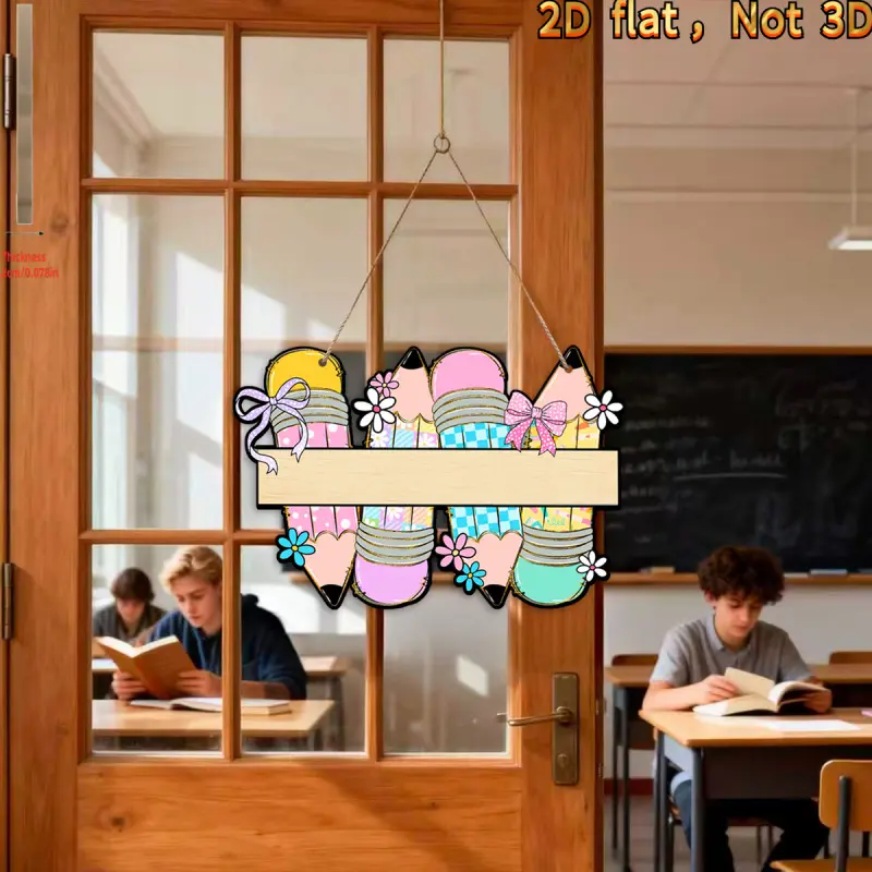 2D Flat, 1pc Welcome Back to School | Cute Student Pencil Wooden Hanging Ornament, Wooden Classroom Wall Decor, Colored Pencil Decorations, Suitable for Schools and Nurseries, Classic Style, No Electricity Required for Home Use