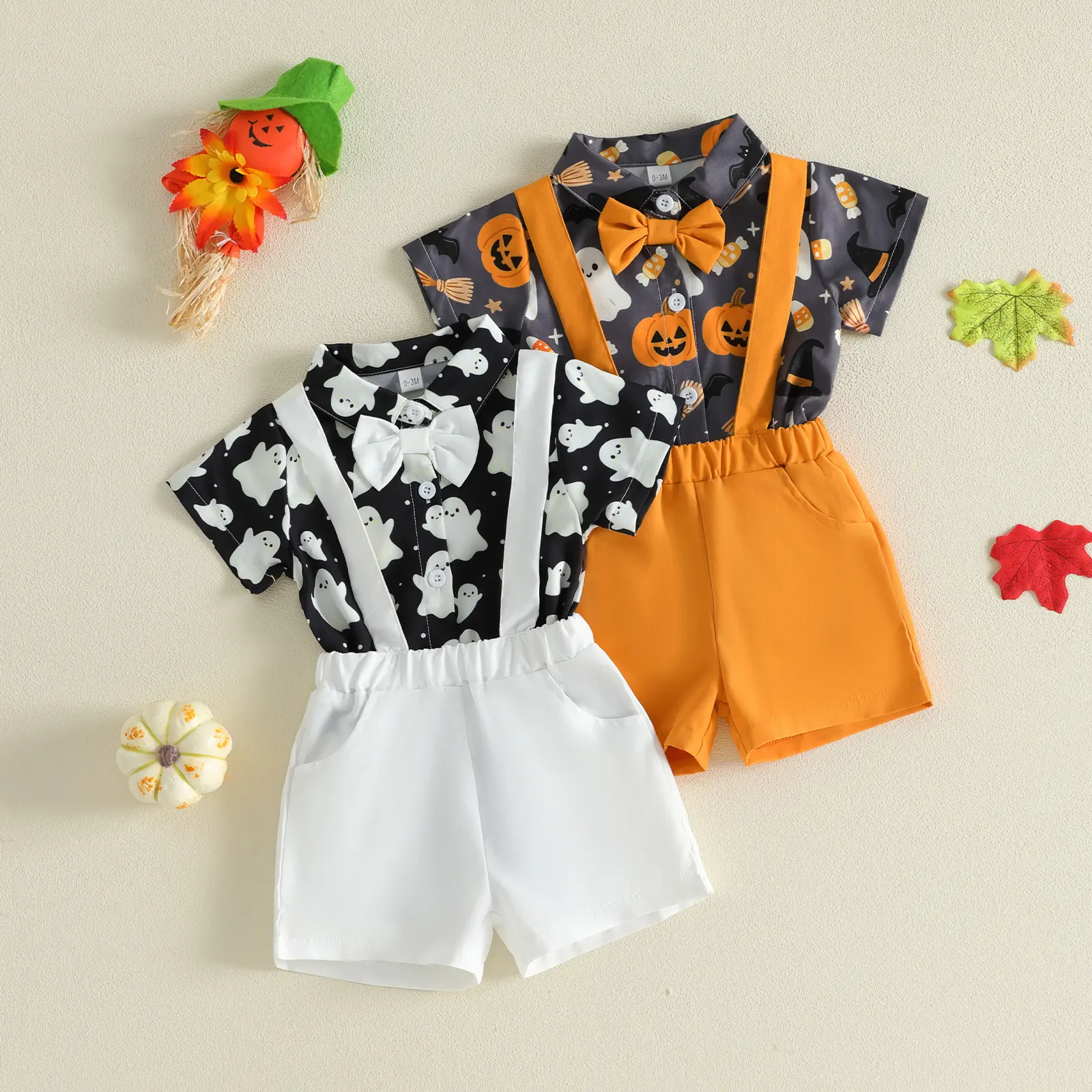 Infant Baby Boy Halloween Outfits Ghost Pumpkin Print Shirt Solid Color Overalls Shorts Set Fall 0-18 Months