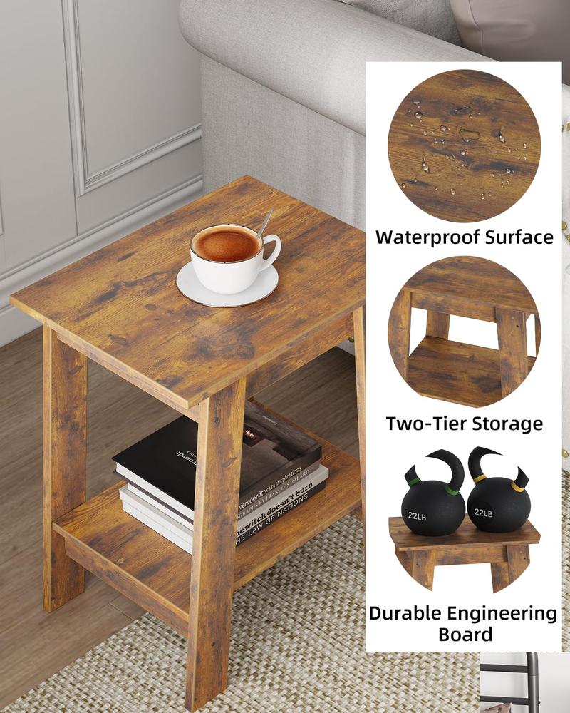Farmhouse Rustic End Table with Storage Shelf, 2-Tier Narrow Accent Table for Living Room & Bedroom