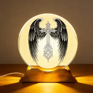 2D Flat Crystal Glass LED Night Light, Multi-Color Touchable Color Changing, Religious Angel Wings Cross Pattern, USB Powered, Christmas Gift